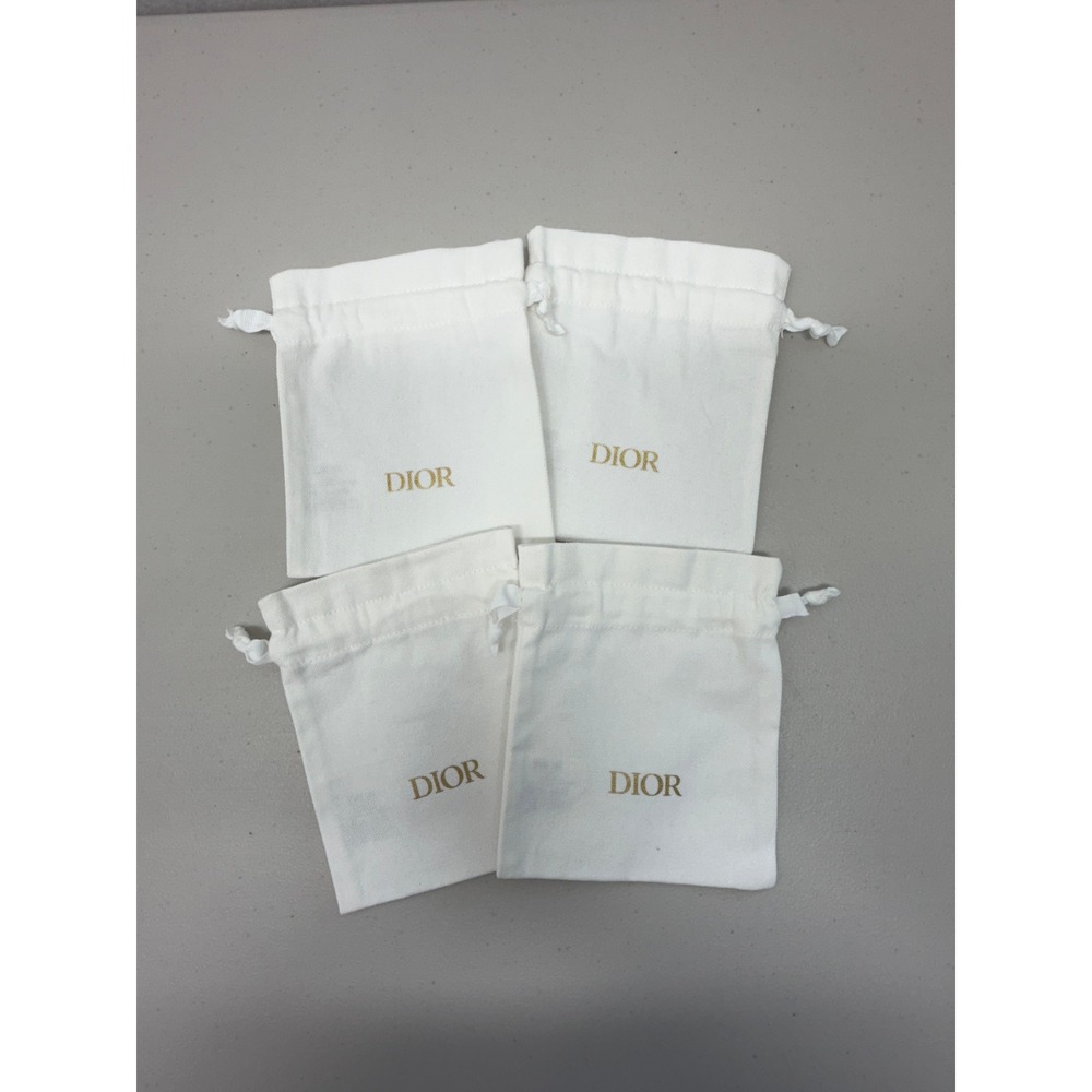 Authentic Dior Set of 4 White Canvas Drawstring Empty Bags Gold Logo 4.75x6